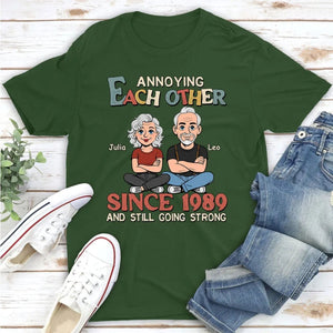 Personalized Classic Tee Funny Couple Cartoon Sitting Together Cute Gift for Husband or Wife Annoying Each Other Vibe