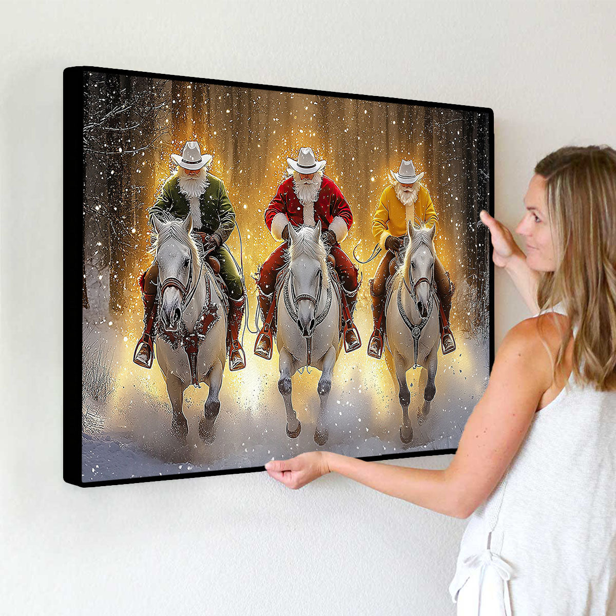 Santa Cowboys In Snow Wall Art Decor Xmas Poster Gift For Cowboys