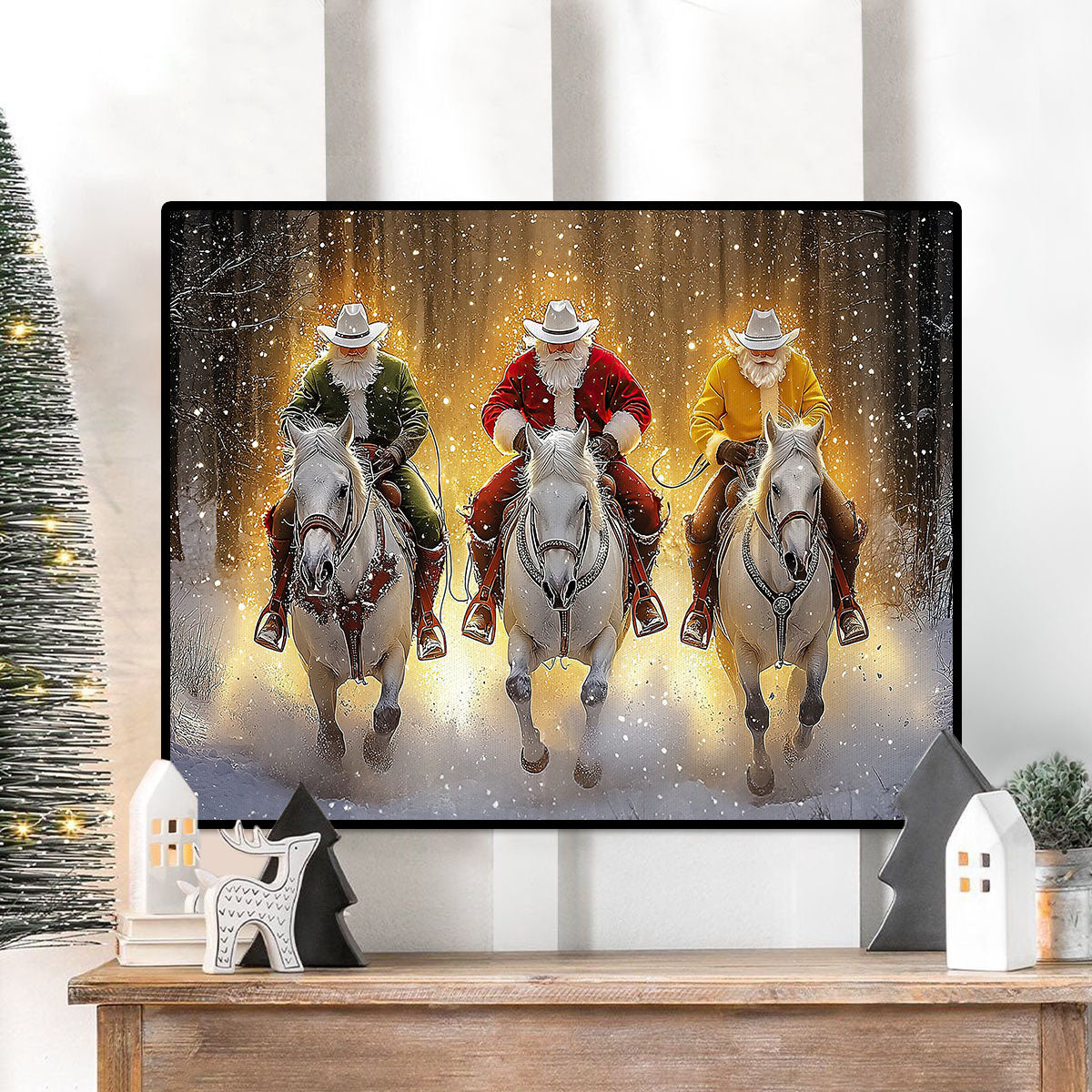Santa Cowboys In Snow Wall Art Decor Xmas Poster Gift For Cowboys