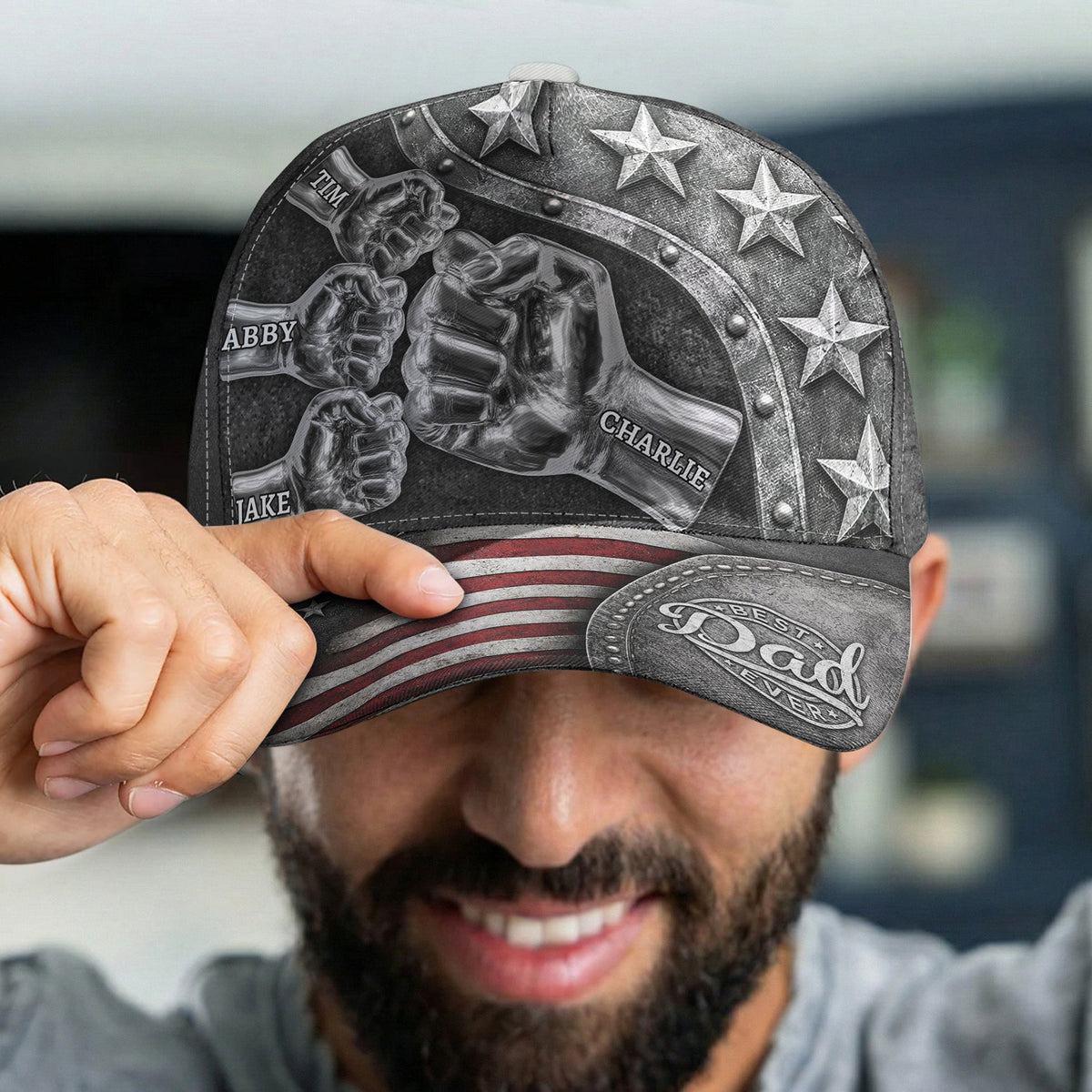 Father's Day Gifts, Best Dad Ever - Metal Style Print - Personalized Cap