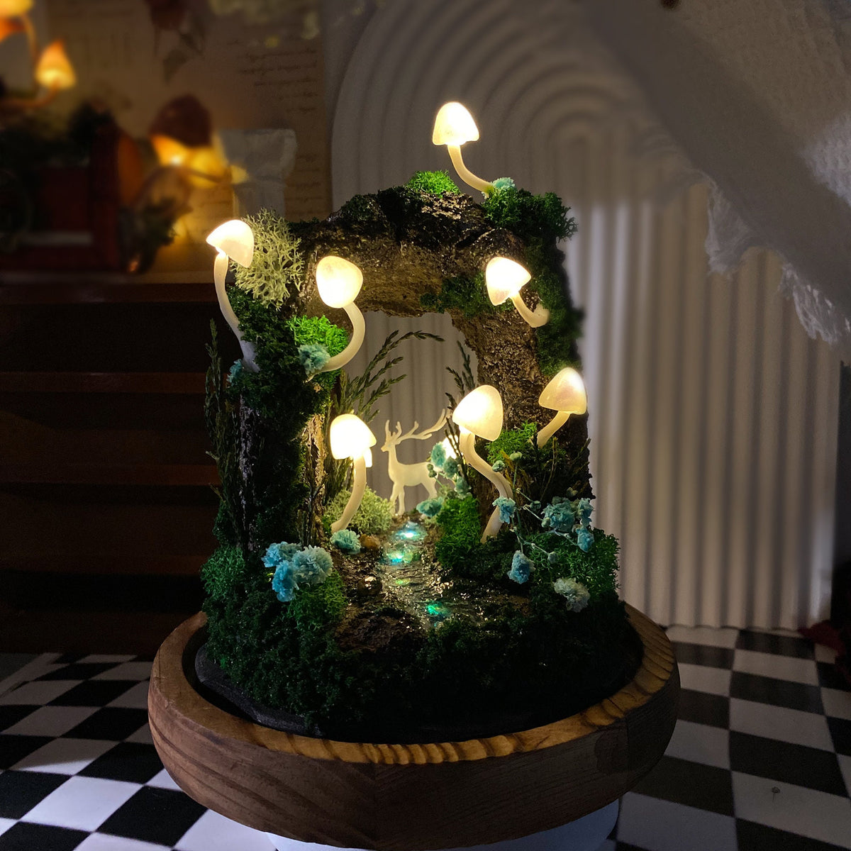 Enchanted Forest Mushroom Miniature Cave with Creek & Deer Handmade Night Light