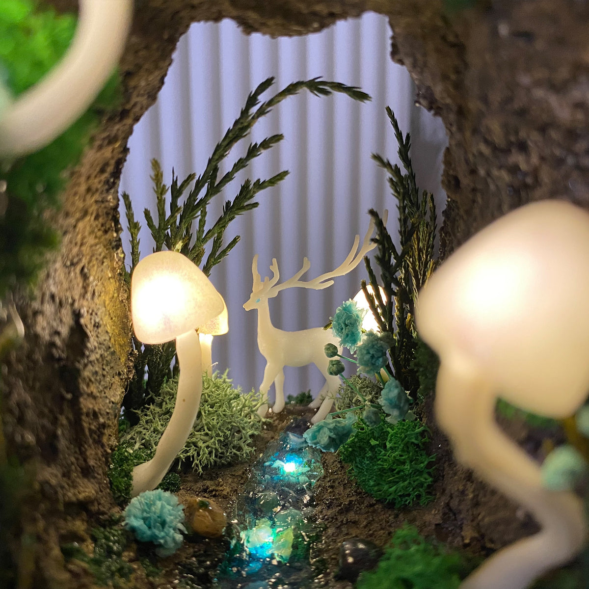 Enchanted Forest Mushroom Miniature Cave with Creek & Deer Handmade Night Light