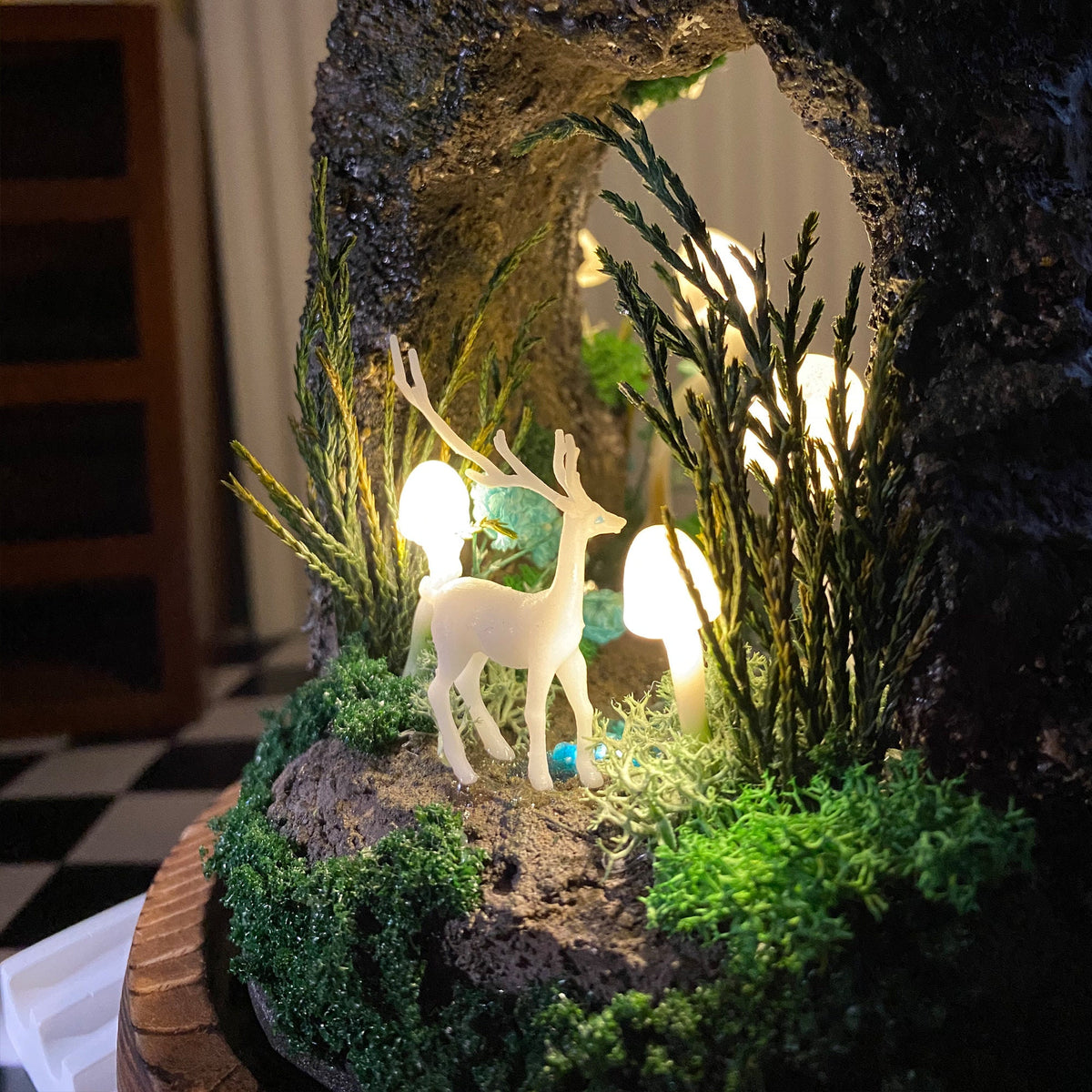 Enchanted Forest Mushroom Miniature Cave with Creek & Deer Handmade Night Light
