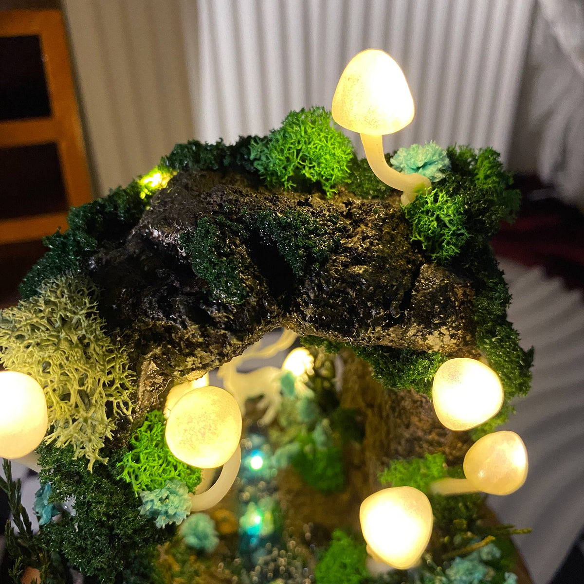 Enchanted Forest Mushroom Miniature Cave with Creek & Deer Handmade Night Light