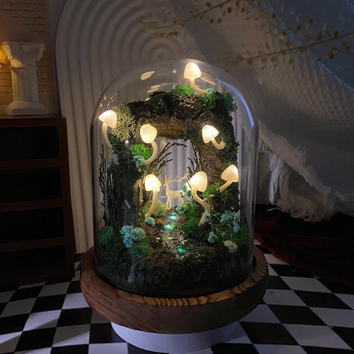 Enchanted Forest Mushroom Miniature Cave with Creek & Deer Handmade Night Light