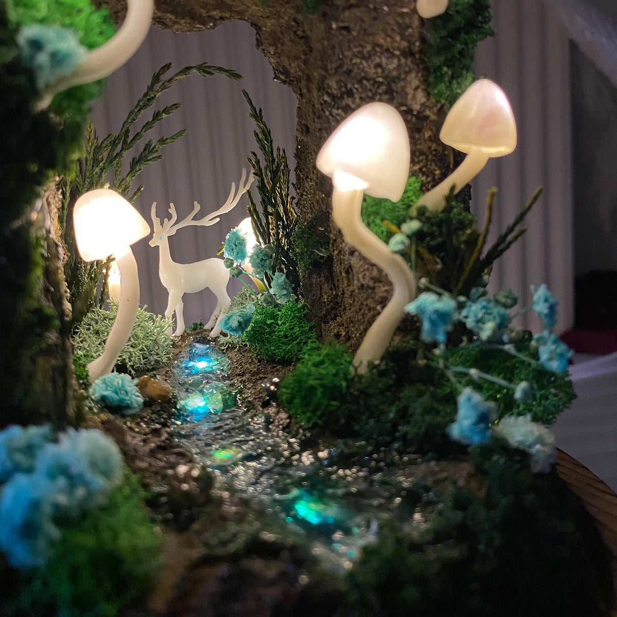 Enchanted Forest Mushroom Miniature Cave with Creek & Deer Handmade Night Light