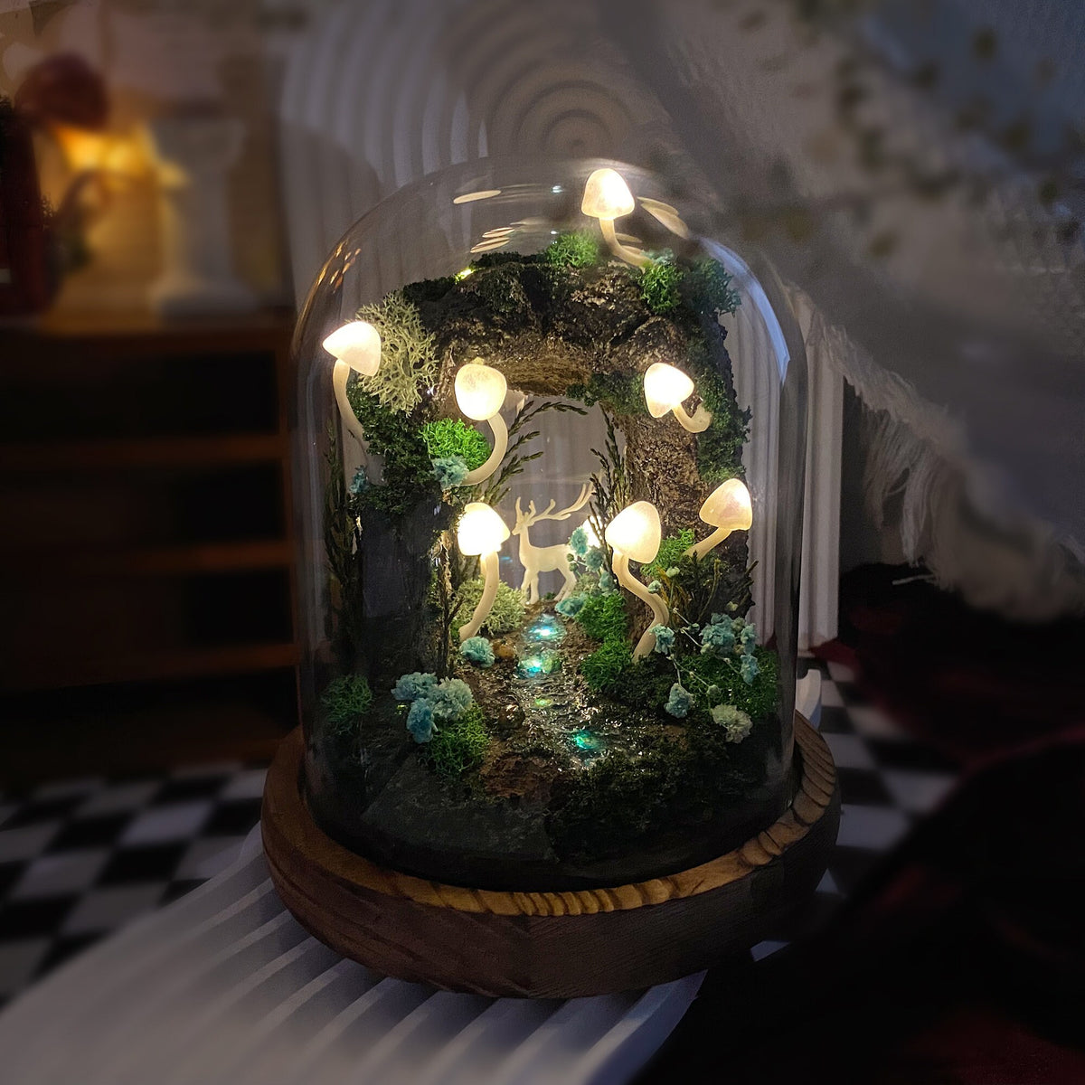 Enchanted Forest Mushroom Miniature Cave with Creek & Deer Handmade Night Light