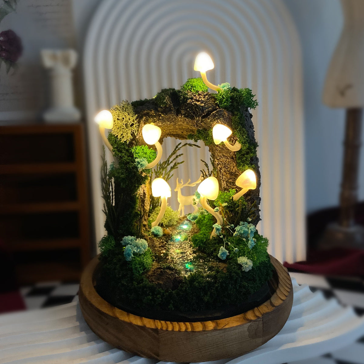 Enchanted Forest Mushroom Miniature Cave with Creek & Deer Handmade Night Light