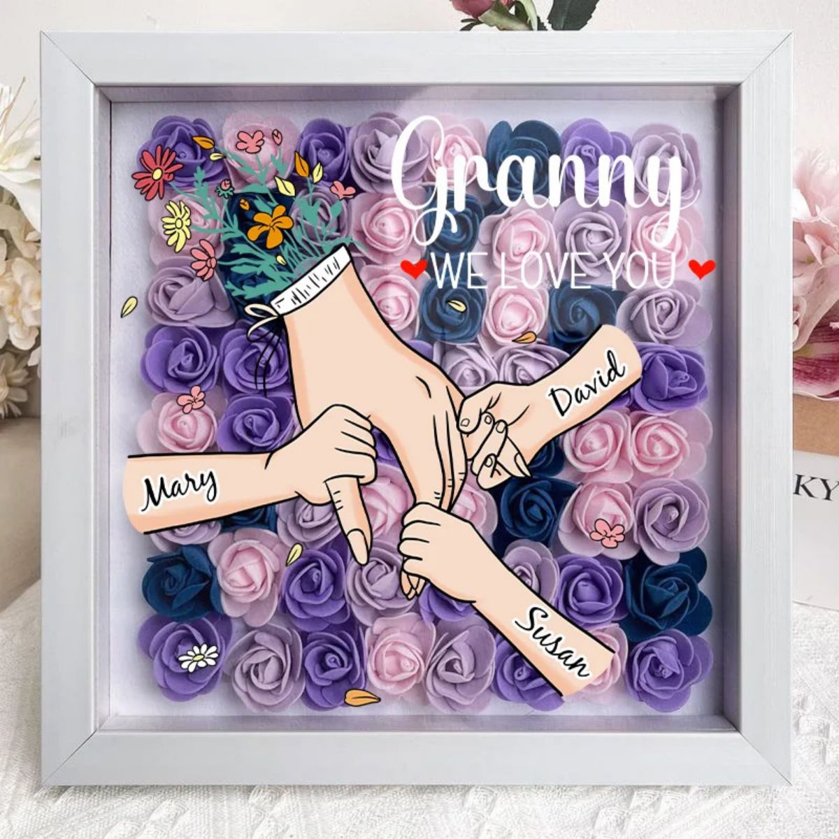 Grandma/Mom We Love You - Personalized Flower Shadow Box With Name