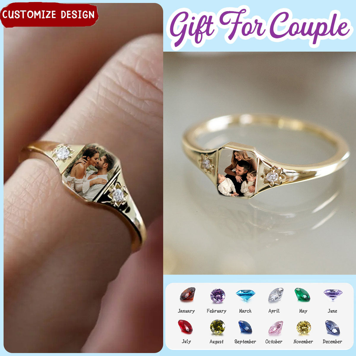 Custom Photo Personalized Rings With 2 Birthstones, Gift for Couple, Family