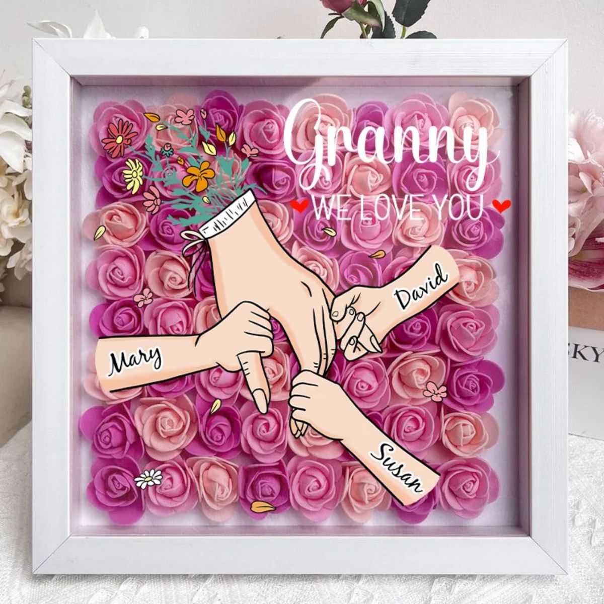 Grandma/Mom We Love You - Personalized Flower Shadow Box With Name