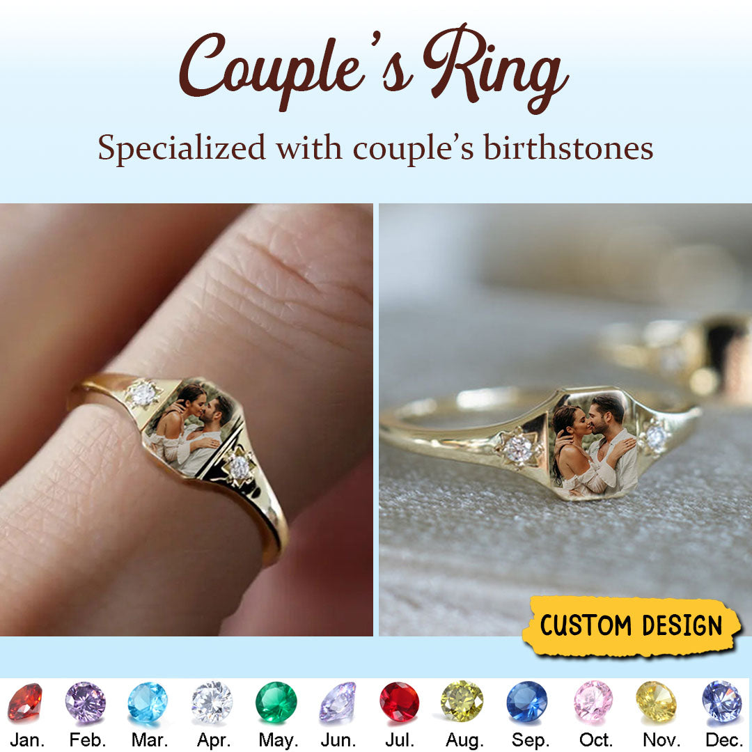 Custom Couples Rings Custom Photo Personalized Rings With 2 Birthstones, Gift for Couple, F ...