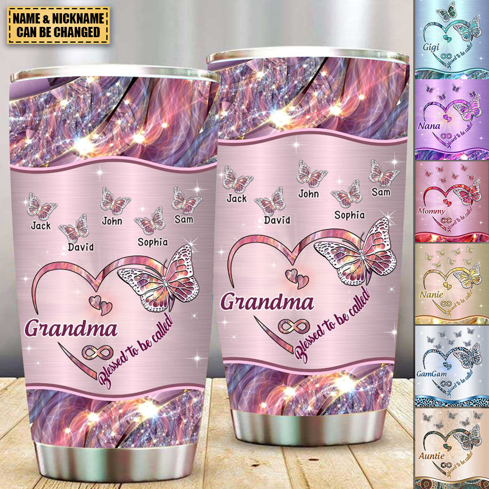 Sparkling Grandma- Mom Heart Butterfly Kids Personalized Tumbler-Gift For Family/Grandma
