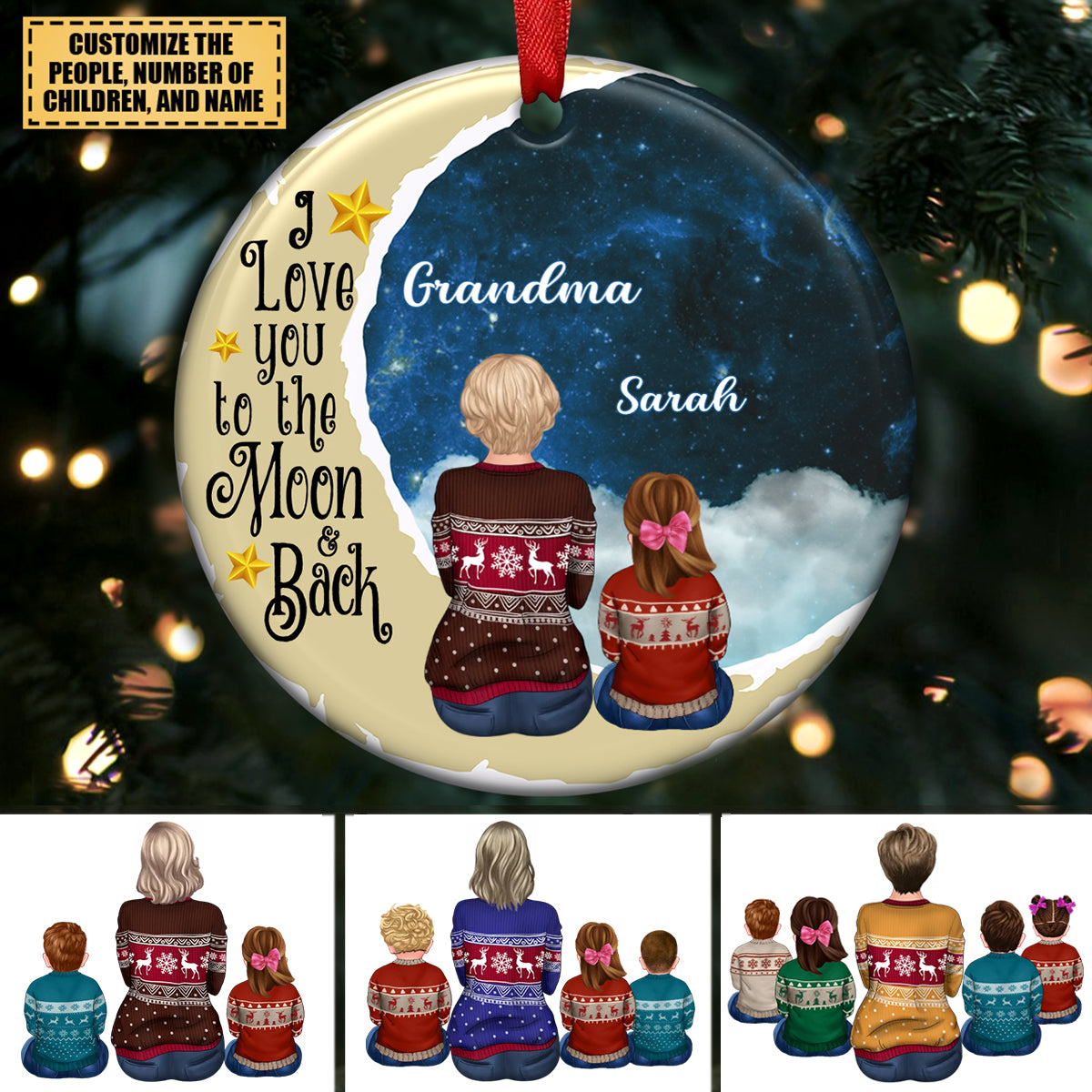 Family - Grandma/Mom Love kids On Moon - Personalized Circle Ornament