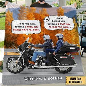 I Lead The Way Because I Know You Always Have My Back, Blanket Couple Motorcycle Forever Personalized  Fleece Blanket