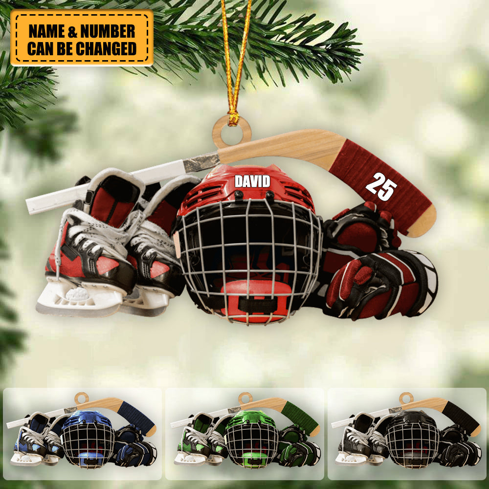 Personalized Hockey Skates Helmet And Stick Ornament - Gift For Hockey Lover