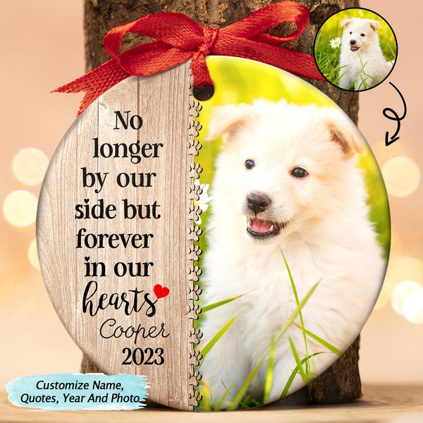 Custom Photo Dog Cat Forever In Our Hearts - Christmas Memorial Gift - Personalized Custom Circle Ceramic Ornament