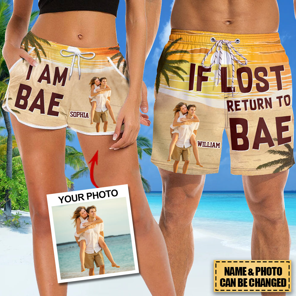 If Lost Return To Bae - Personalized Couple Beach Shorts - Gift For Couples, Husband Wife