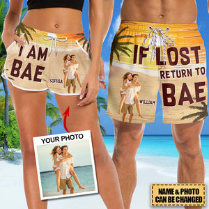 If Lost Return To Bae - Personalized Couple Beach Shorts - Gift For Couples, Husband Wife