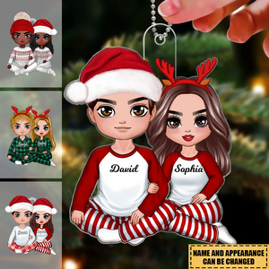 Christmas Doll Couple Sitting Hugging Personalized Acrylic Ornament