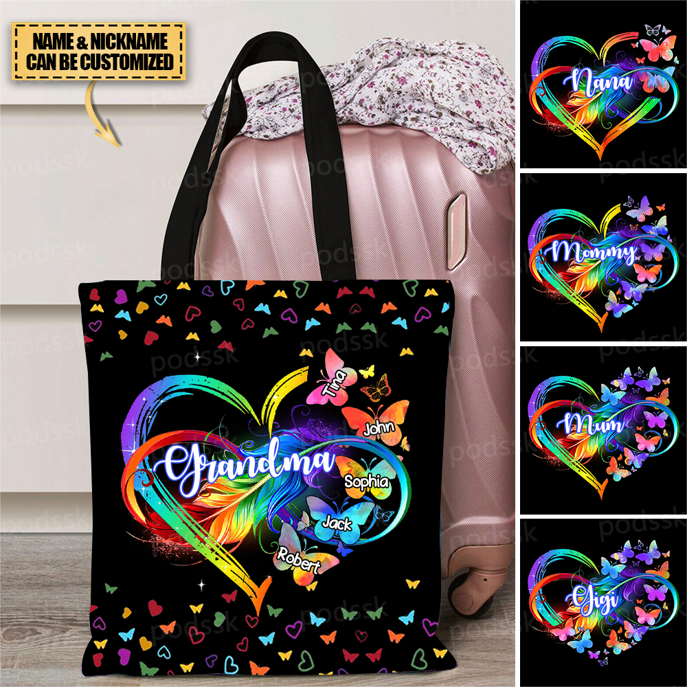 Personalized Grandma Mom Heart Infinity Butterfly Mother's Day Gift Cloth Tote Bag
