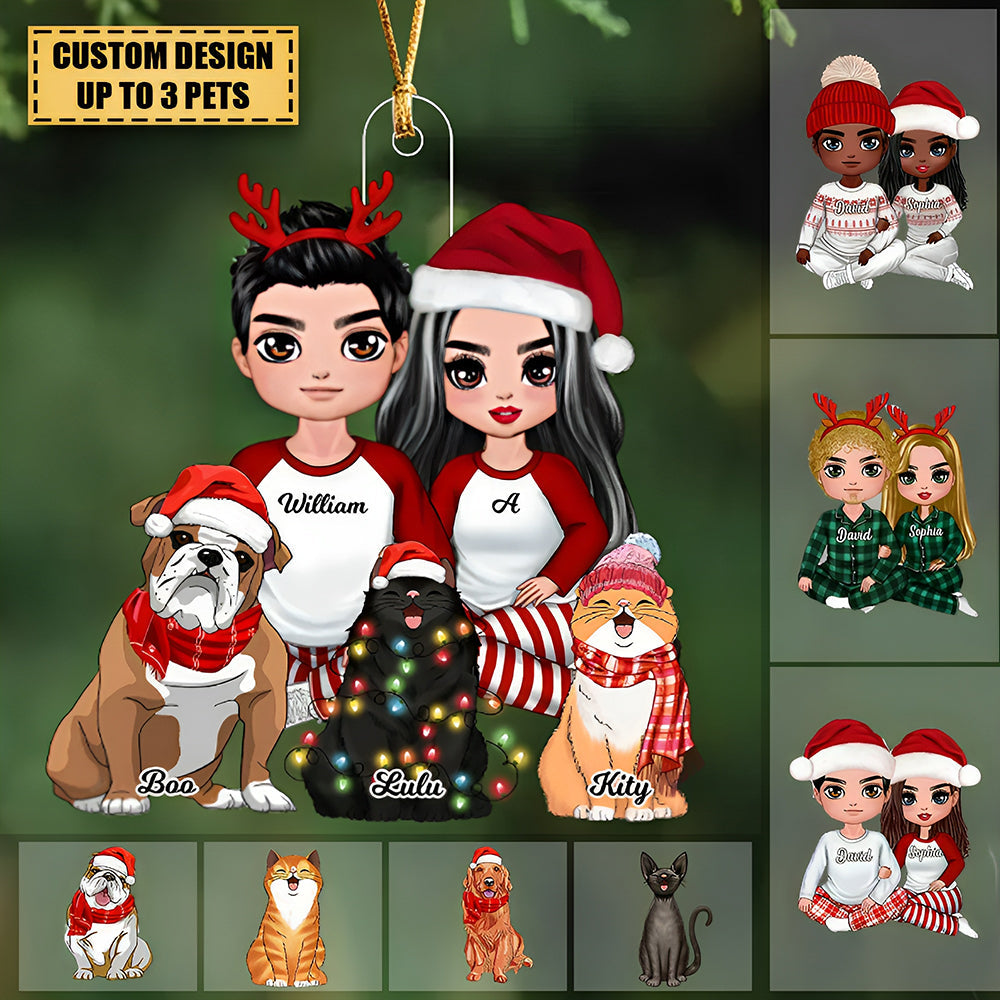Doll Couple Sitting With Pets Christmas Personalized Acrylic Ornament