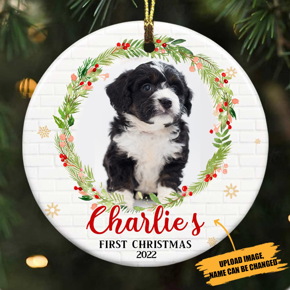Personalized Dog Christmas Wreath Circle Ceramic Ornament