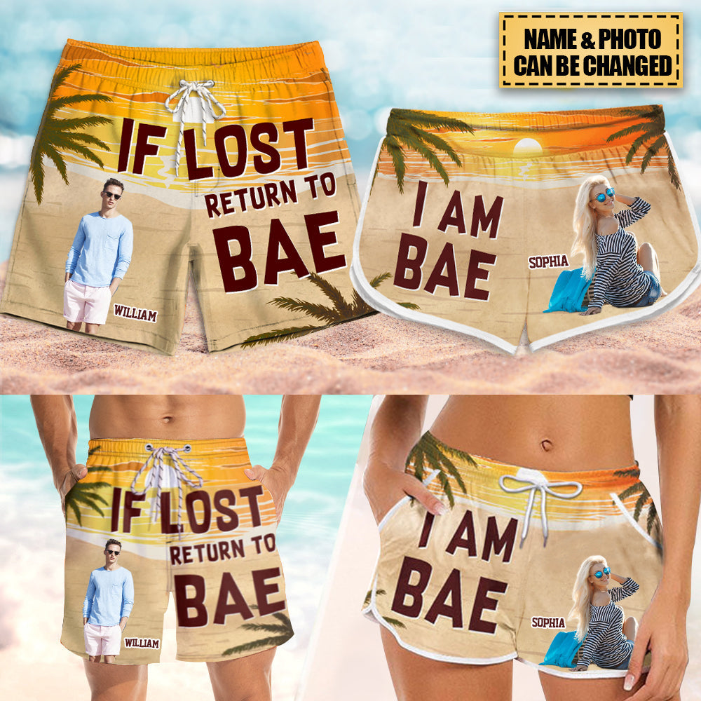 If Lost Return To Bae - Personalized Couple Beach Shorts - Gift For Couples, Husband Wife