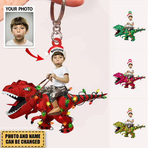 Personalized Cute Kid Rides The Dinosaurus Christmas Light Acrylic Keychain