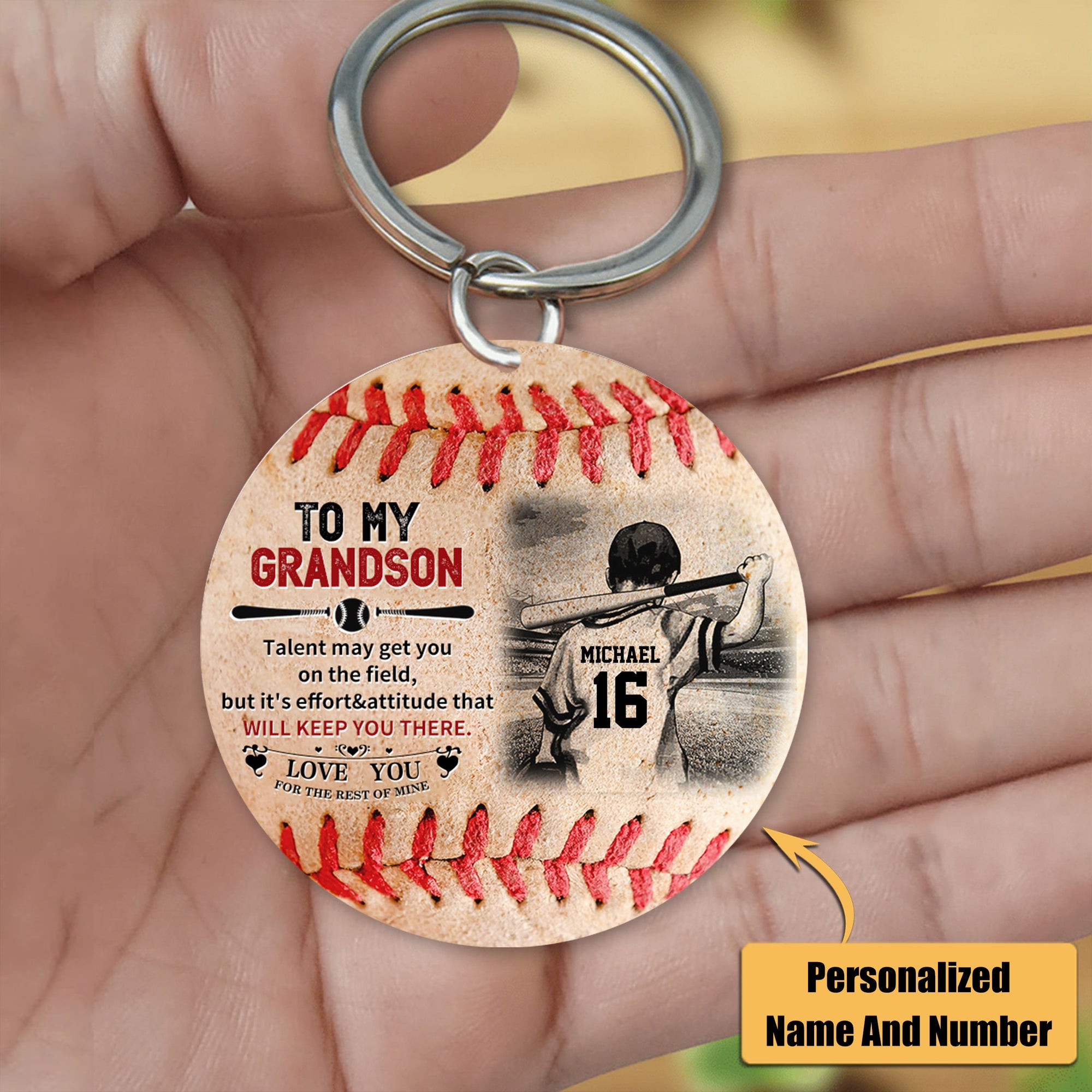 To My GrandSon - Personalized Baseball Keychain - Double Sides Printed