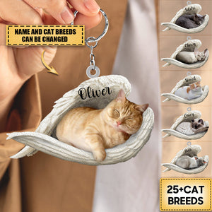 Personalized Stainless Cat Sleeping Angel Keychain-Great Gift Idea For Cat Lovers