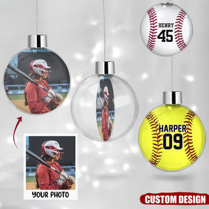 Personalized Softball / Baseball Player Photo Ball Bauble Christmas Ornament