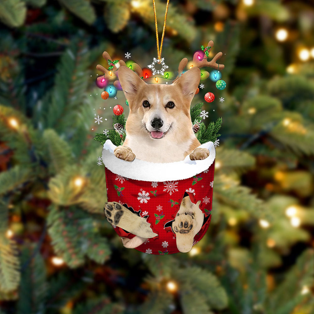Corgi 2 In Snow Pocket Christmas Ornament
