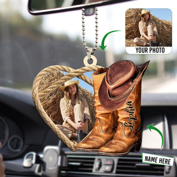 Personalized Photo Western Cowboy Cowgirl Boots Hat Hanging Ornament